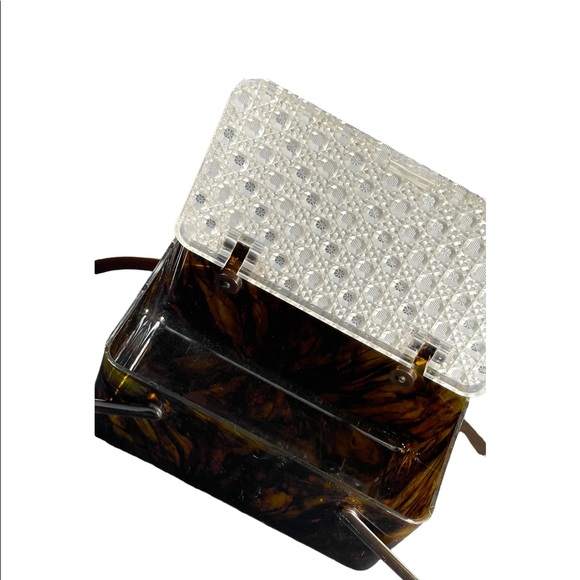 Merle Norman 1970's Faux Tortoise Shell Lucite Cosmetic Case Box box purse - Picture 3 of 9